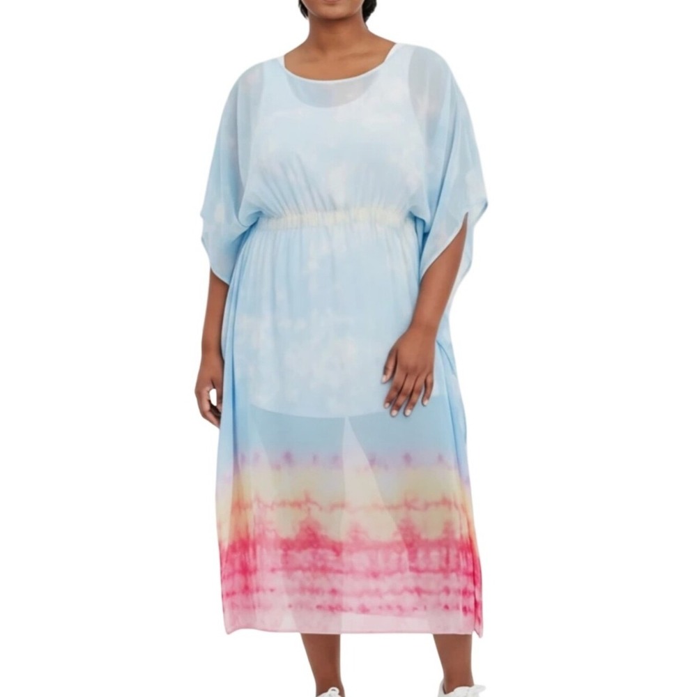 MPH Collection Womens XL Tie Dye Ombre Kaftan Maxi Dress Blue Pink V-Neck NEW